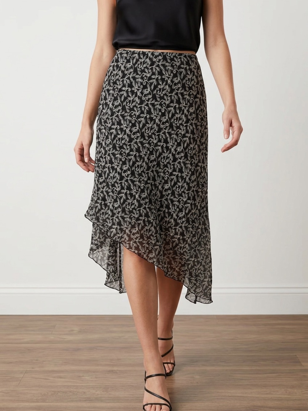 R&K Black Midi Skirt with Ivory Floral Vine Motif